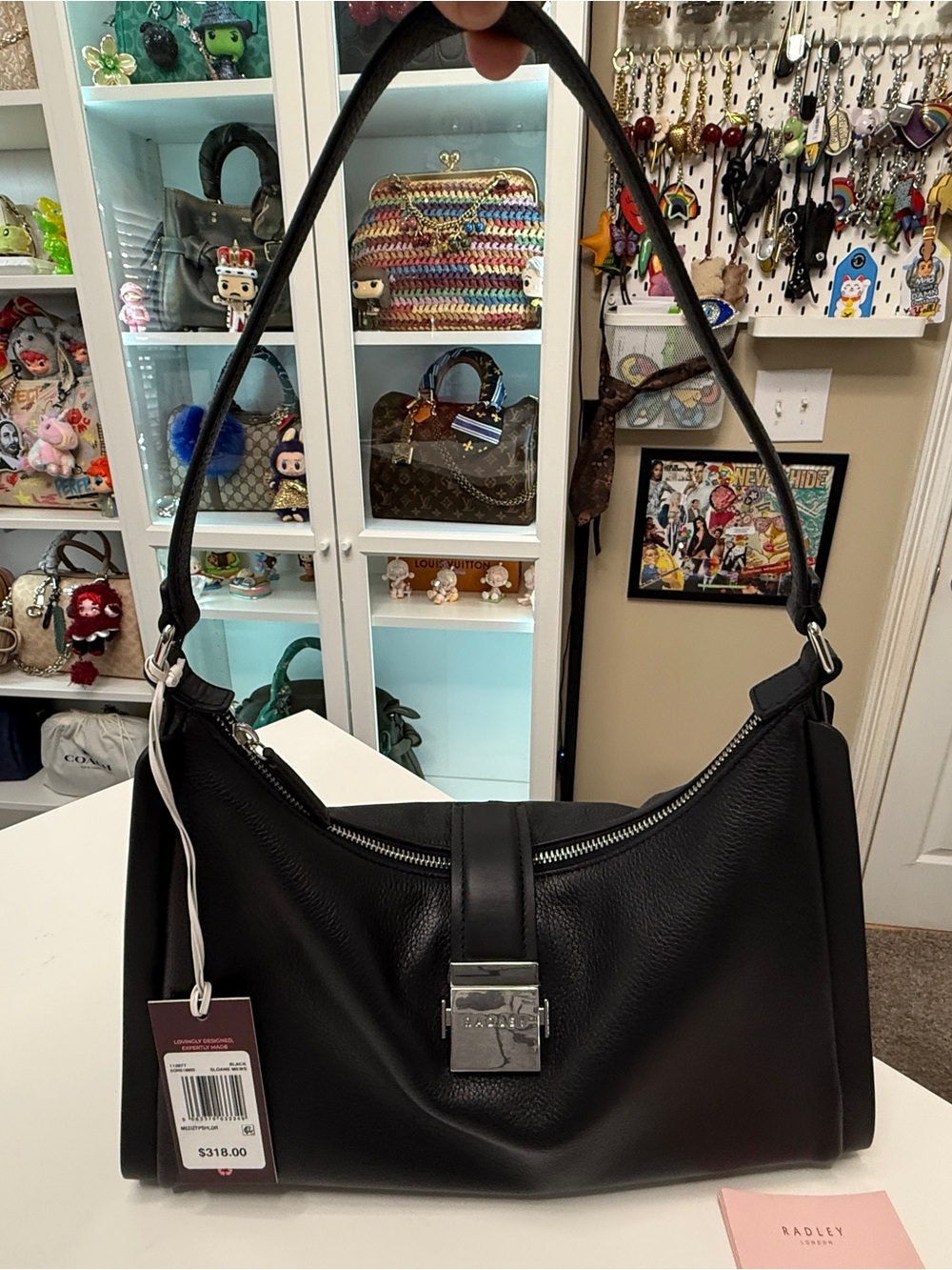 RADLEY LONDON Black Pebbled Leather Shoulder Bag with Silver Hardware